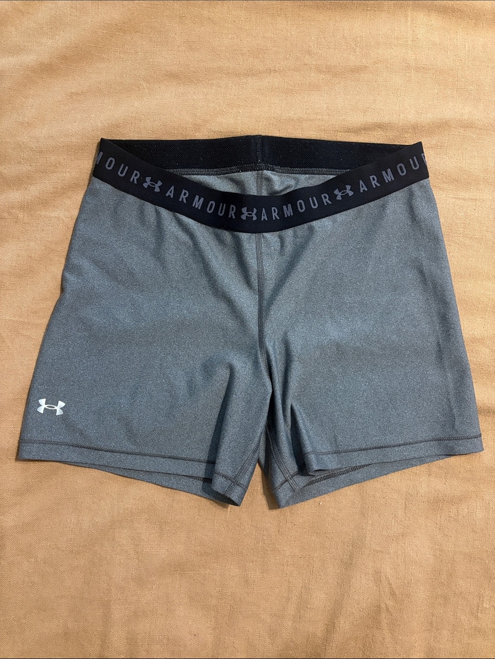 Under Armour Women's Gray Athletic Bike Shorts with Black Logo Waistband